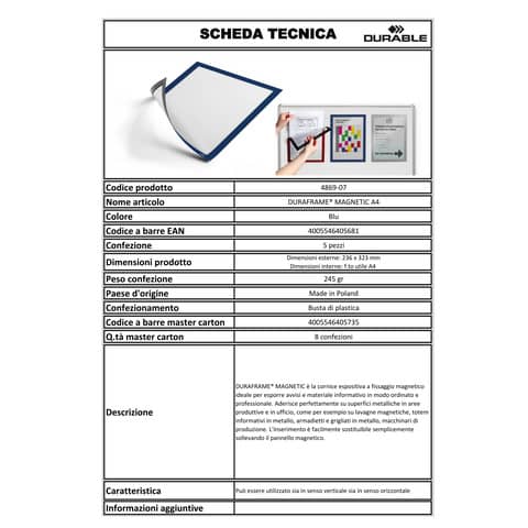 Cornici con pannello magnetico DURABLE DURAFRAME® MAGNETIC A4 PPL rigido blu scuro 236x323 mm  conf. 5 - 486907